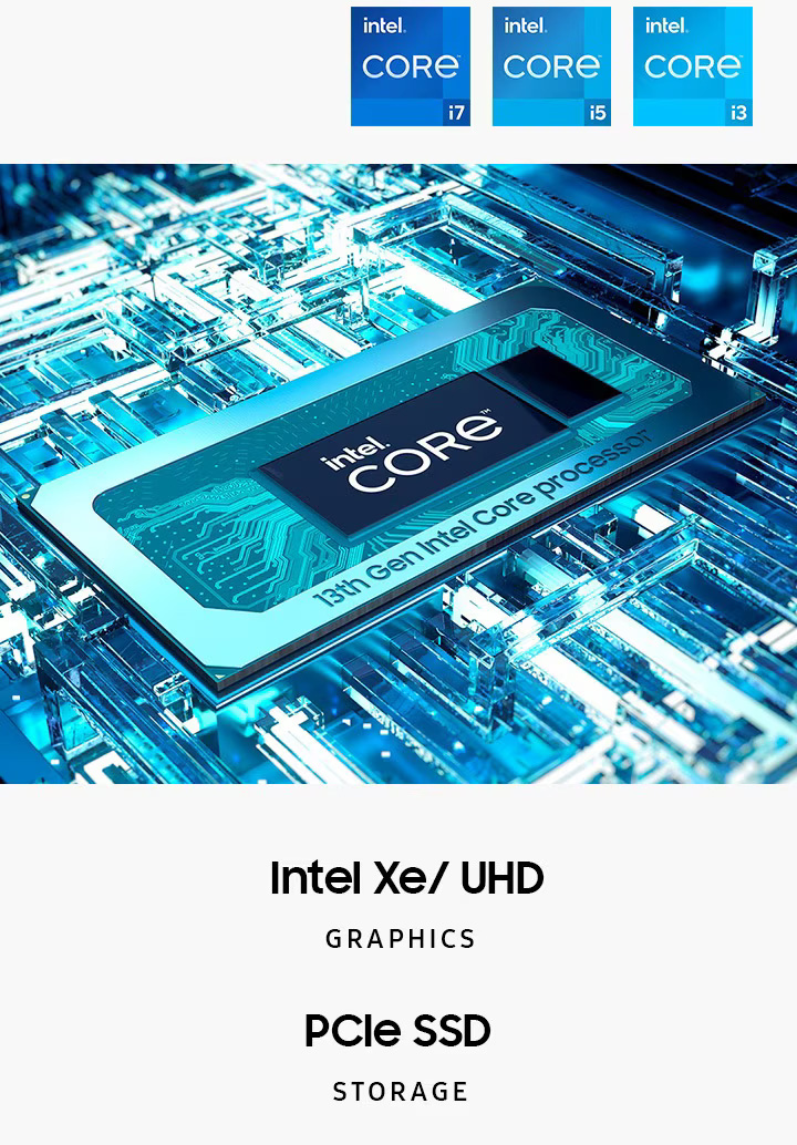 Un procesador Intel® Core™ de 13ª generación está en la placa base con el texto Intel® Core™ en el centro. También se muestran logotipos como: Intel Xe / UHD / Arc Graphics, Almacenamiento SSD PCIe, Intel Core i7, Intel Core i5, Intel Core i3, Intel Inside y Intel ARC Graphics.