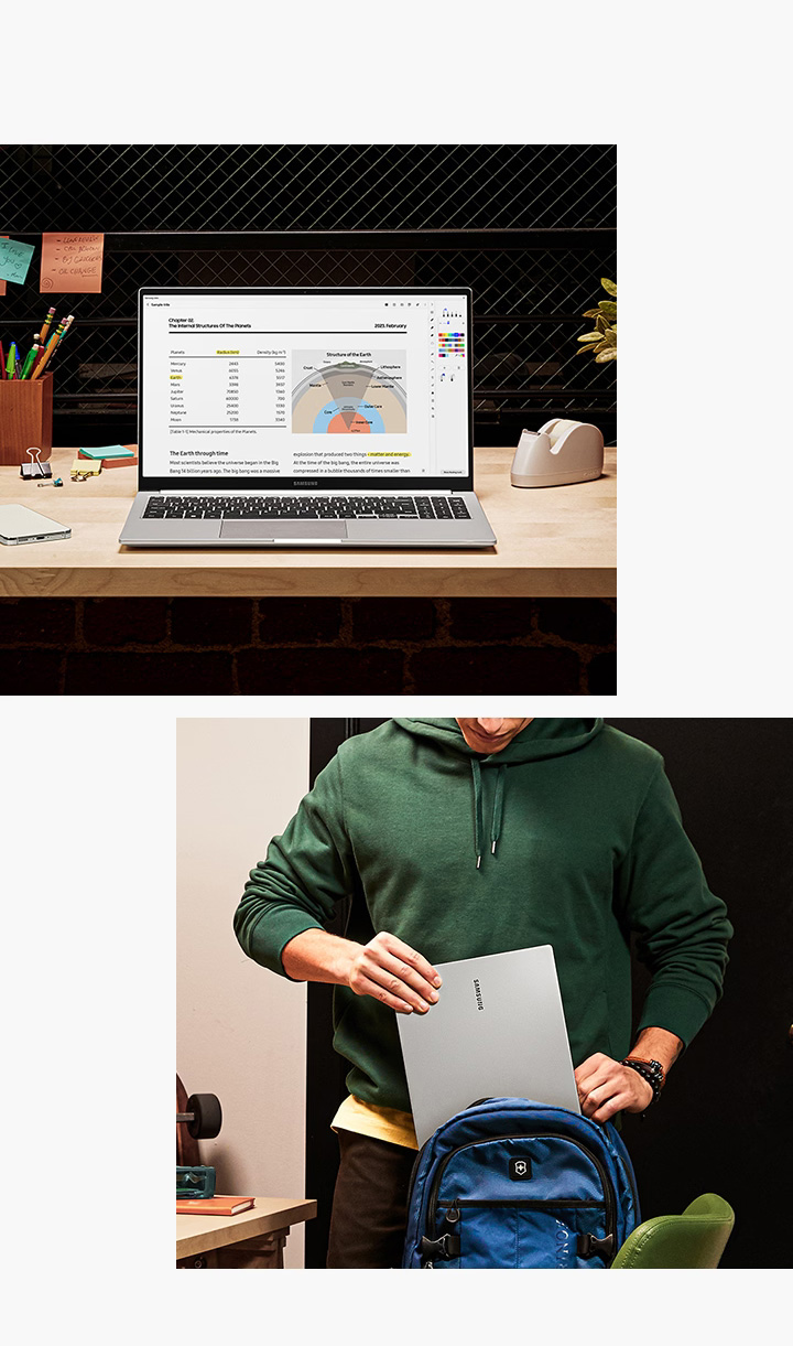 Un Galaxy Book3 plateado se coloca en un escritorio de oficina, abierto y mirando hacia adelante con la aplicación Samsung Notes abierta en la pantalla. Un joven vestido de manera informal está metiendo la ligera y compacta Galaxy Book3 de color plateado en su mochila.