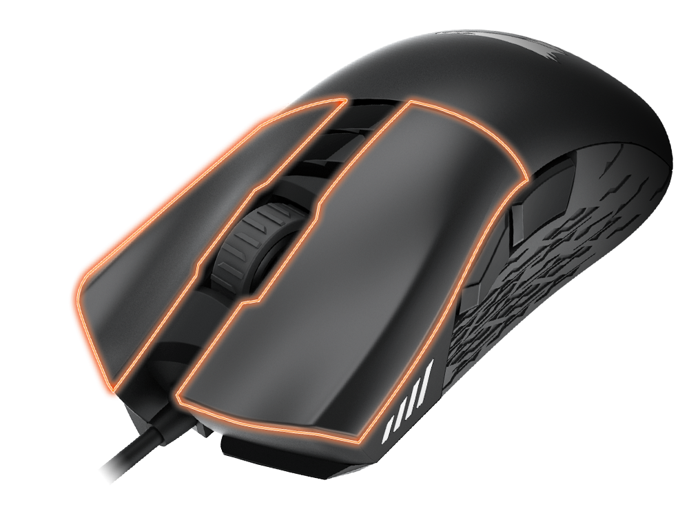 Mouse Gigabyte AORUS M3, detalle de los BOTONES DIVIDIDOS