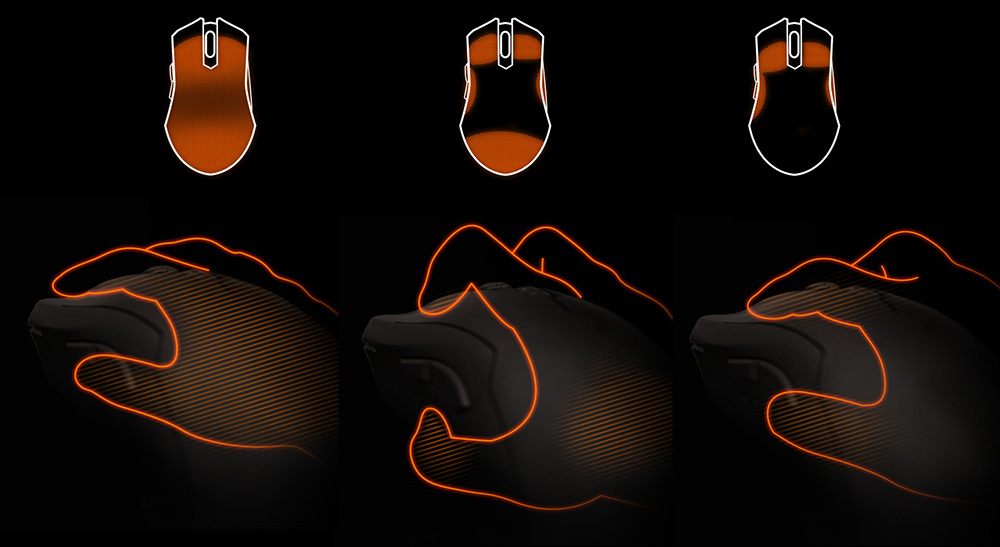 Mouse Gigabyte AORUS M3, detalle de los diferentes estilos de agarre