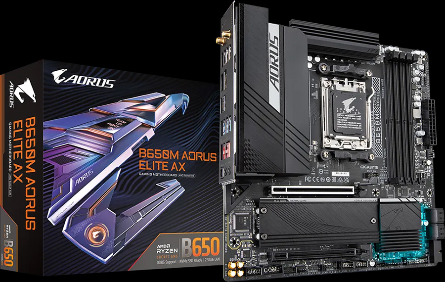 Motherboard Gigabyte B650M AORUS ELITE AX & Box - Hero Image