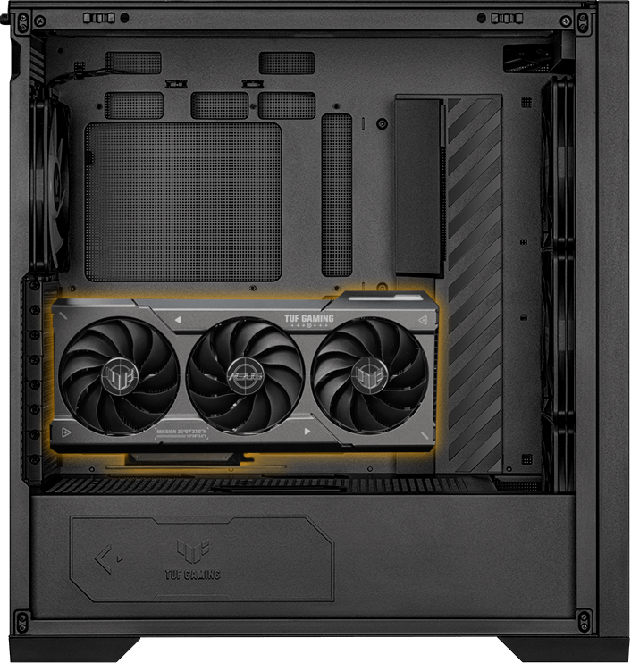 Vista lateral del PC TUF Gaming GT302 ARGB con la tarjeta gráfica instalada verticalmente