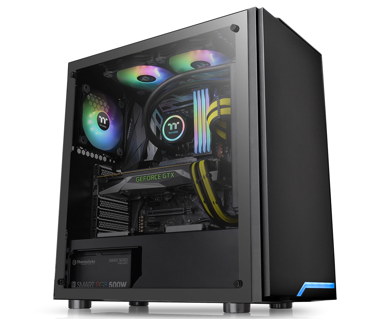Vista lateral del gabinete Thermaltake H100 TG ATX Mid Tower, con componentes instalados