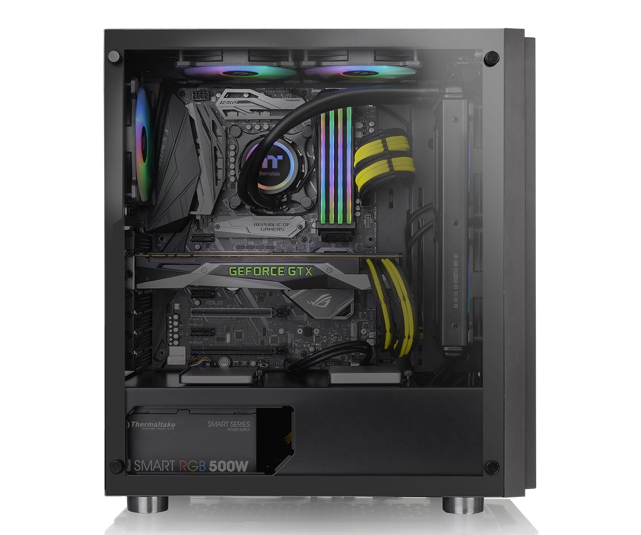Vista lateral del gabinete Thermaltake H100 TG ATX Mid Tower, con componentes instalados