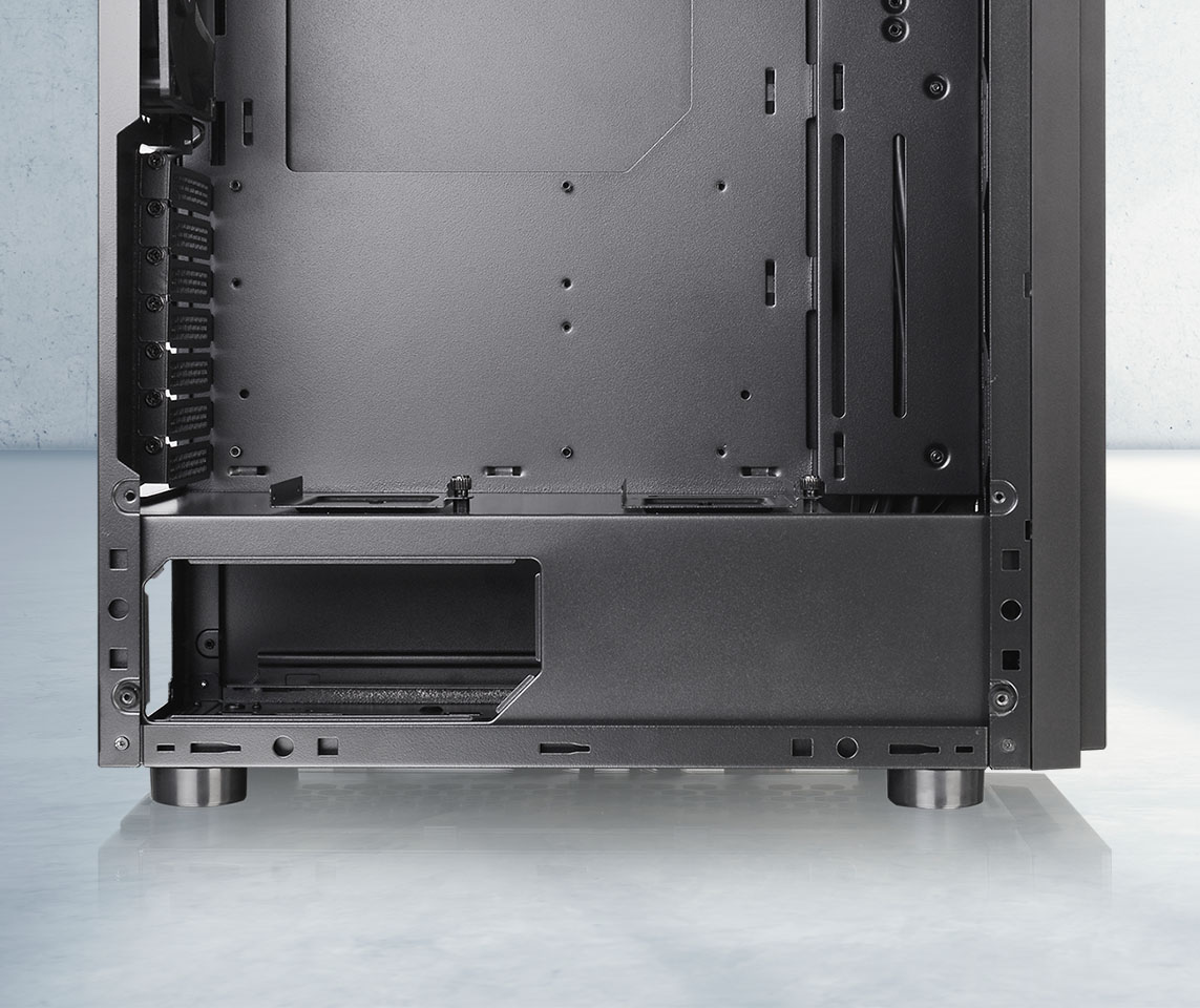 Vista lateral del interior del gabinete Thermaltake H100 TG ATX Mid Tower, detallando la Cubierta Integrada Para la Fuente de Alimentación