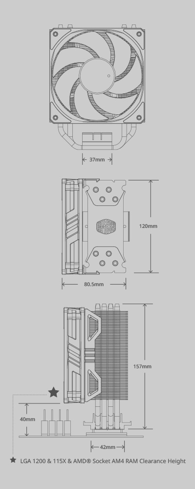 Diagrama y medidas del Cooler para CPU Cooler Master Hyper 212 ARGB