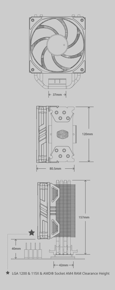 Diagrama y medidas del Cooler para CPU Cooler Master Hyper 212 ARGB