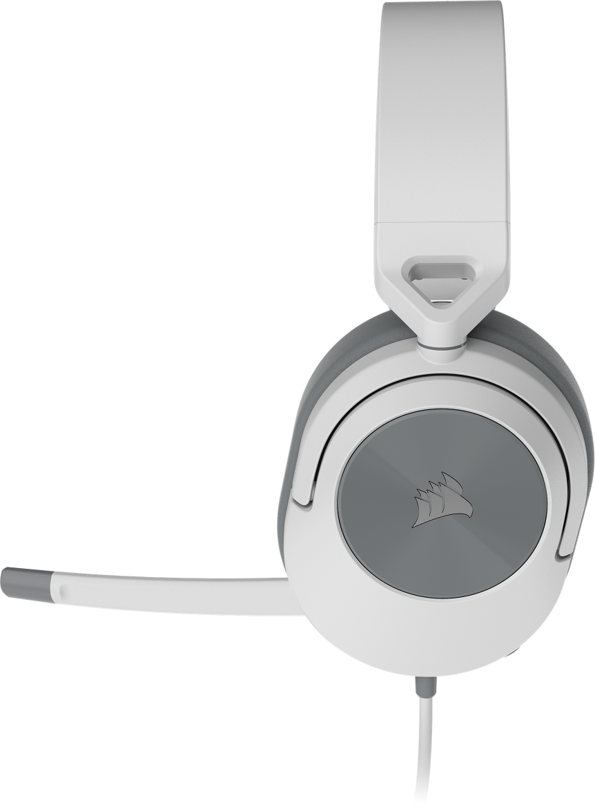 Vista de perfil lateral de los auriculares para juegos con cable HS55 SURROUND que muestra el micrófono que se silencia al abatirse.