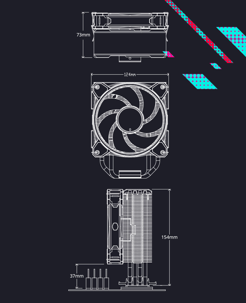 Diagrama y medidas del Cooler para CPU Cooler Master Hyper 212 Halo Black. 154mm de alto, 73mm de ancho y 124mm de largo. Altura máxima de RAM soportada: 37mm