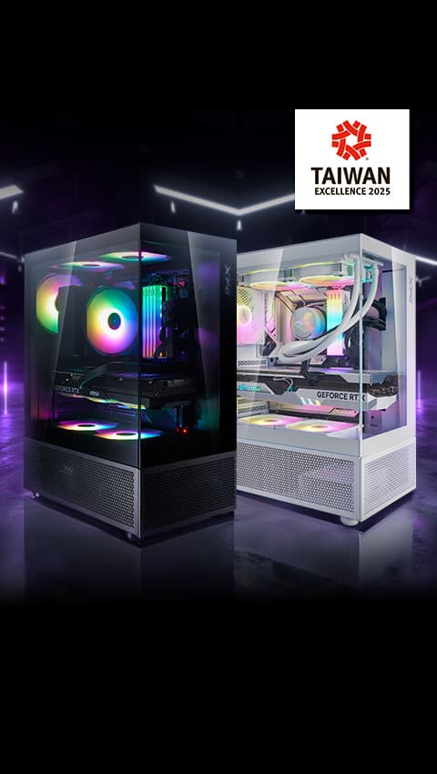 Gabinetes XPG INVADER X MINI en negro y blanco con paneles transparentes, componentes con iluminación RGB y sello Taiwan Excellence 2025
