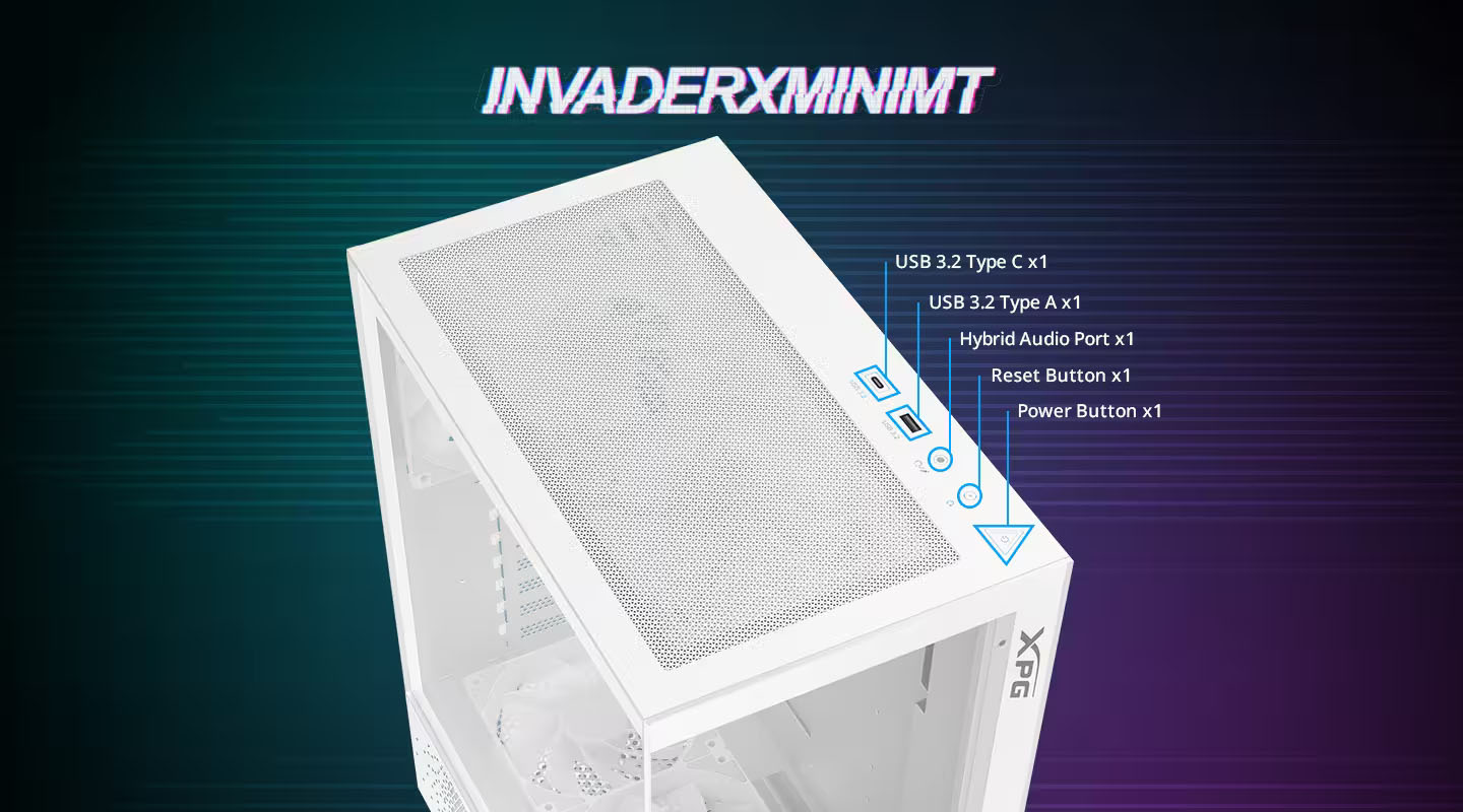 Panel superior del XPG INVADER X MINI blanco con USB 3.2 Type-C, USB 3.2 Type-A, puerto de audio híbrido y botones de reset y encendido
