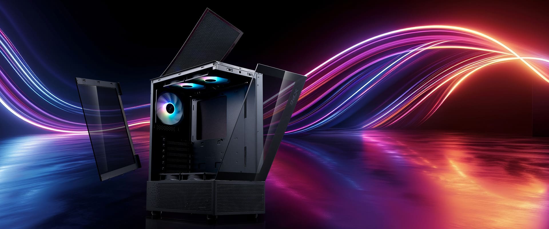 Gabinete XPG INVADER X MINI abierto con paneles desmontados, ventiladores RGB y fondo con líneas de luz multicolor