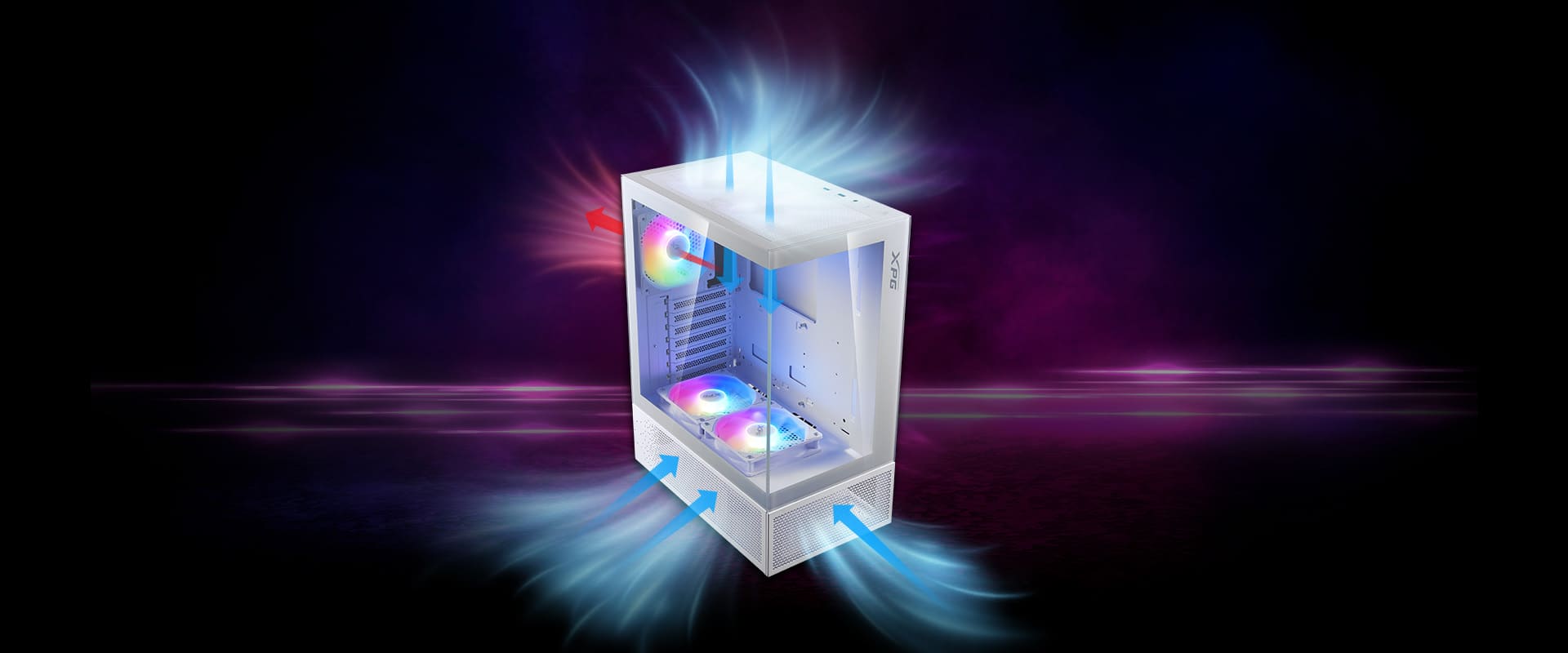 Gabinete XPG INVADER X MINI blanco con panel transparente, ventiladores RGB y flechas que muestran el flujo de aire interno
