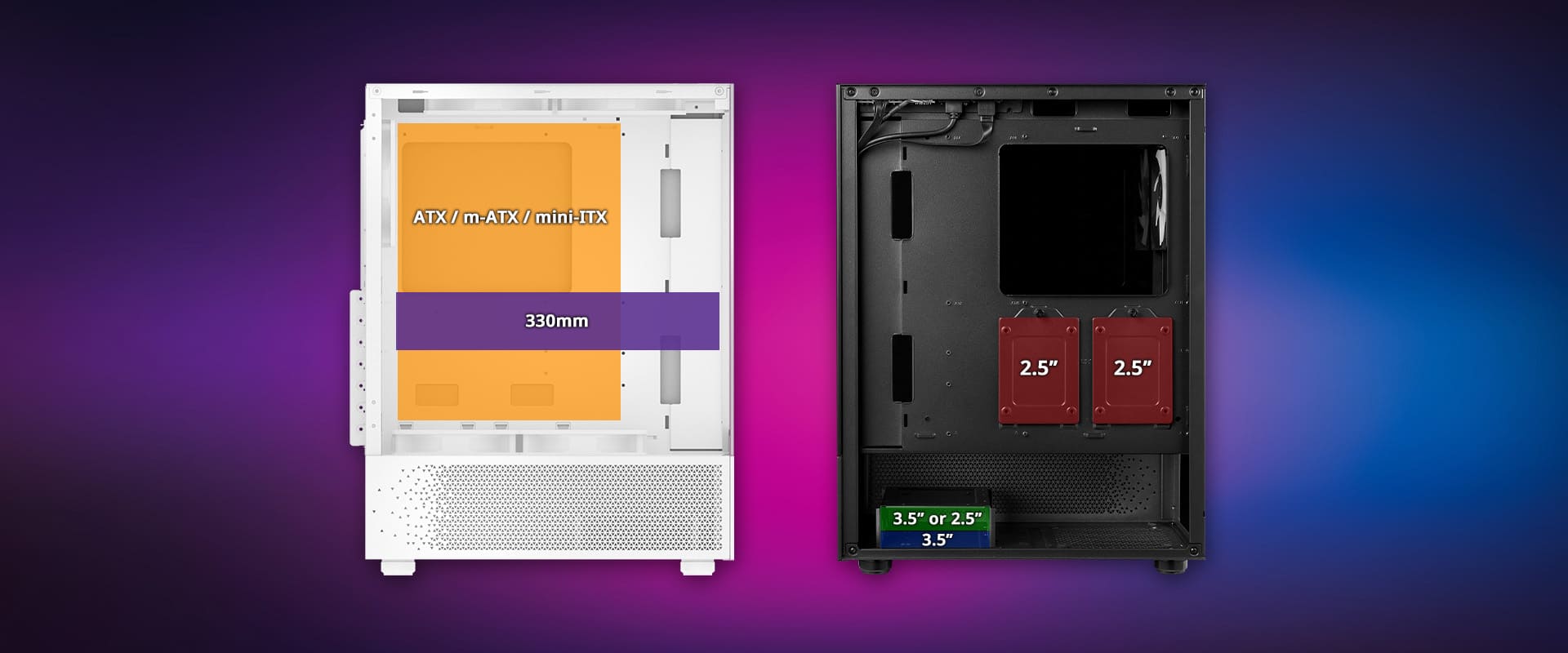 Vista interna del XPG INVADER X MINI con soporte para placas ATX, m-ATX y mini-ITX, GPU de hasta 330 mm y bahías para unidades de 2.5 y 3.5 pulgadas