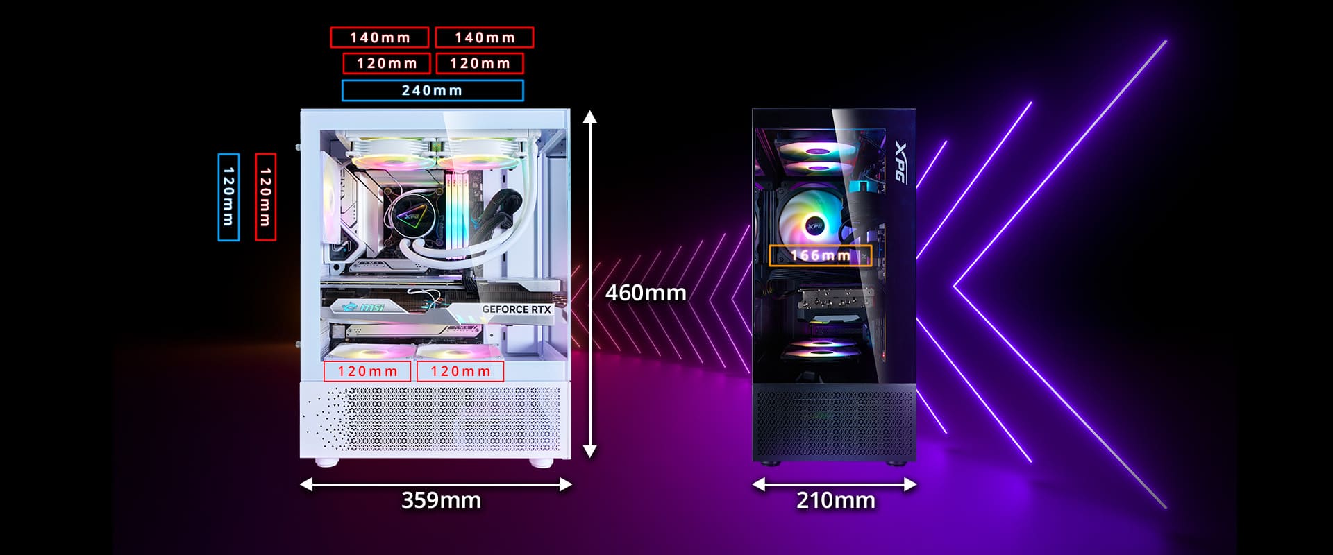 Gabinete XPG INVADER X MINI con medidas de 460 x 359 x 210 mm, soporte para ventiladores y espacio para cooler de CPU de hasta 166 mm