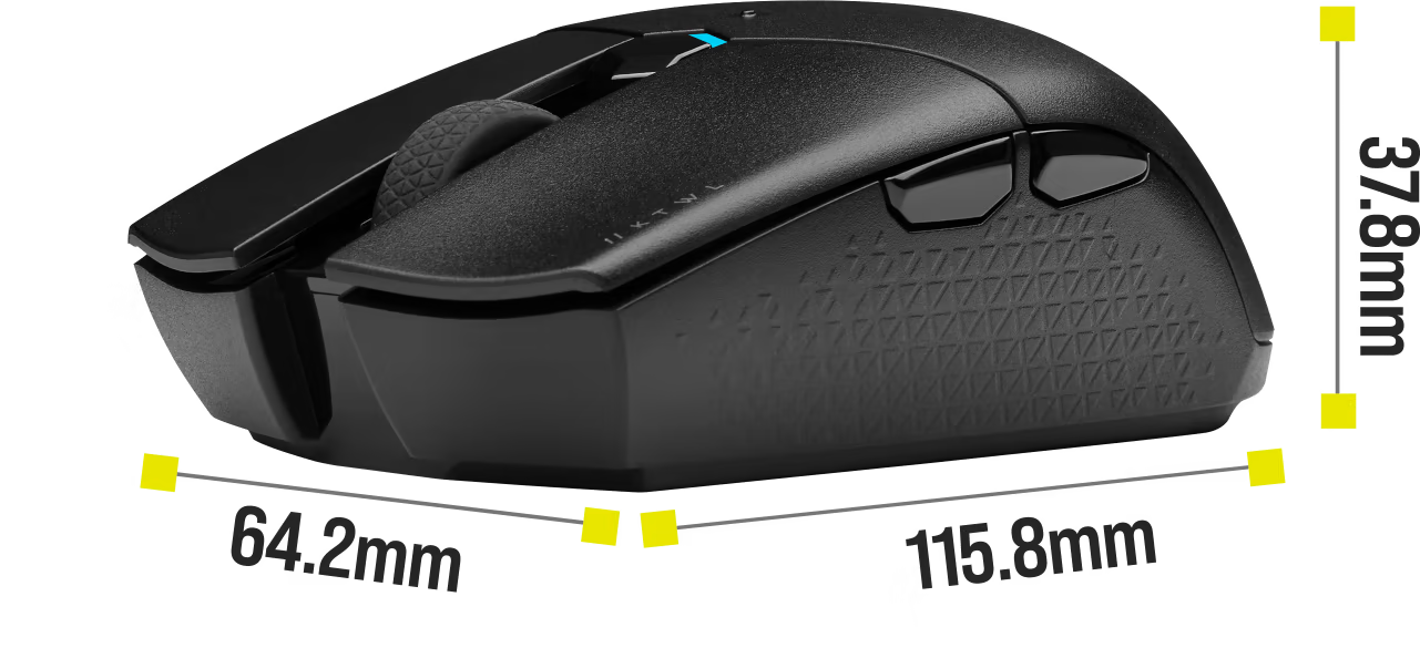 Mouse Corsair KATAR PRO Wireless con detalle de las dimensiones - 64.2mm de ancho x 115.8mm de largo x 37.8mm de alto