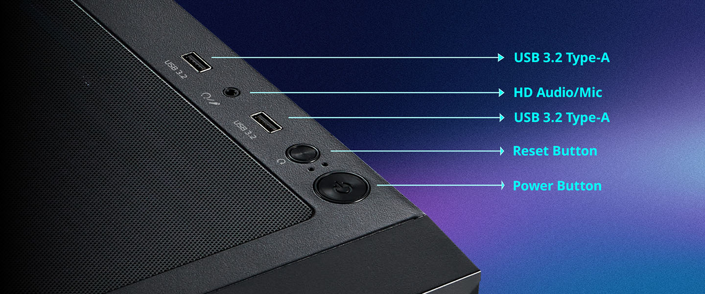 Panel superior del XPG LANDER 500 con dos puertos USB 3.2 Type-A, entrada HD Audio/Mic y botones de reset y encendido