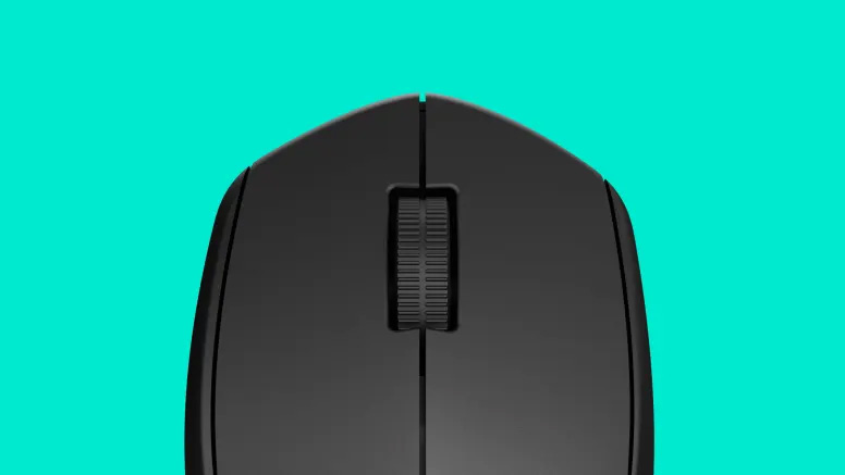 Vista superior de un Mouse Inalámbrico Logitech M280 de color negro con rueda de desplazamiento central sobre fondo celeste.