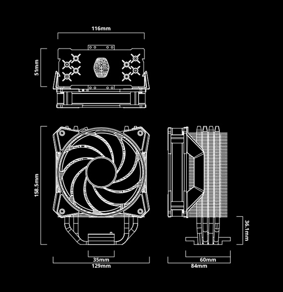 Diagrama y medidas del Cooler para CPU Cooler Master MasterAir MA410P