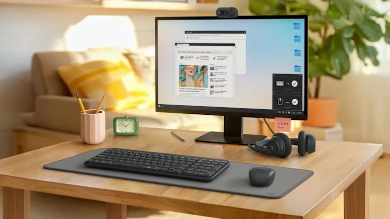 Escritorio con monitor, teclado y mouse Logitech MK250 en un ambiente hogareño iluminado, con auriculares, planta y sofá al fondo