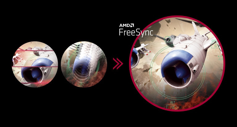 Imagen de juego clara, con movimiento fluido y sin interrupciones cuando AMD FreeSync™ está activado, mientras que la pantalla parpadea y se rasga cuando AMD FreeSync ™ está desactivado.