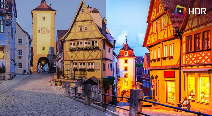 Comparación de imagen de una calle europea con casas de entramado, mostrando la diferencia de color y contraste con y sin HDR.