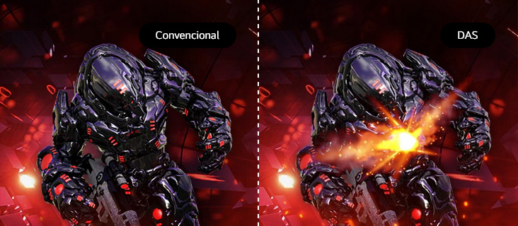 Comparación de imagen en videojuegos entre un monitor convencional y uno con tecnología DAS, mostrando una escena de acción con mejor claridad y respuesta en el lado derecho.