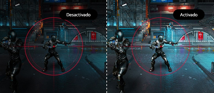 Comparación en un videojuego de disparos entre tener desactivada o activada la función de estabilización de negros, mostrando mejor visibilidad del enemigo en la imagen con la opción activada.