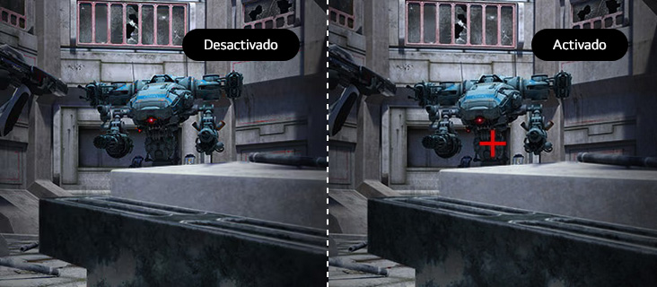 Comparación en videojuego entre modo de puntería desactivado y activado, mostrando una mira roja en el centro de la imagen cuando está activado para facilitar la precisión.