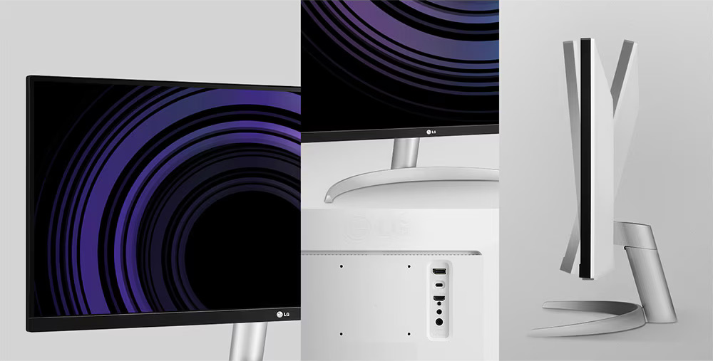Vista de distintos ángulos de un monitor LG ultrawide con diseño de 3 lados prácticamente sin bordes, base con Inclinación ajustable y conectores en la parte trasera.