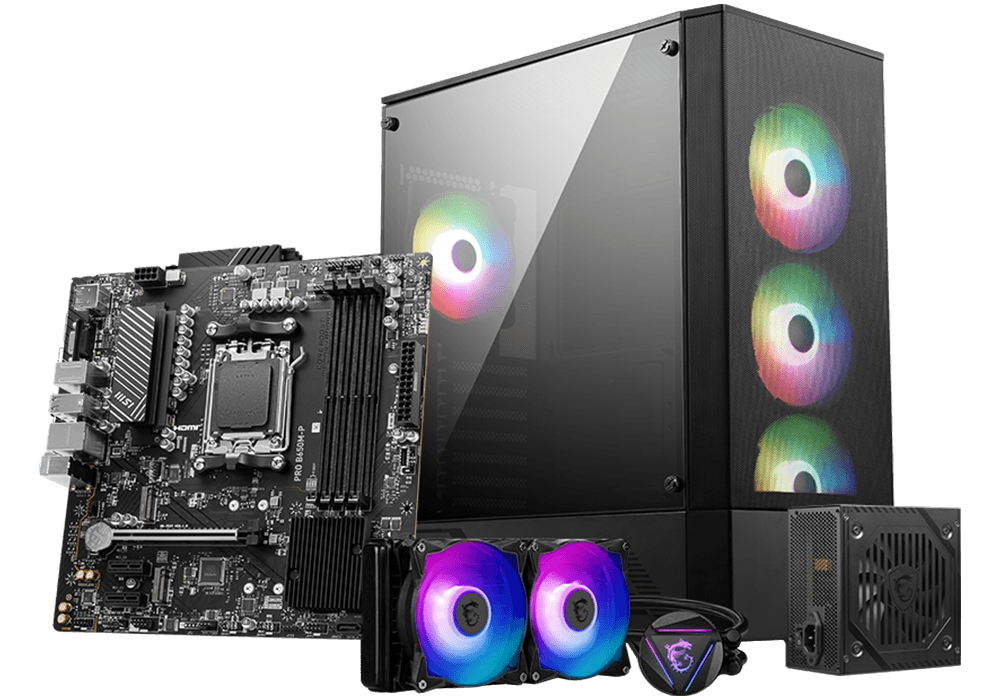 Gabinete gamer con panel lateral de vidrio templado y ventiladores ARGB, junto a la motherboard MSI PRO B650M-P, un cooler líquido MSI y una fuente de alimentación MSI.