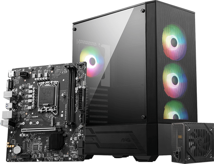 Gabinete gamer con panel lateral de vidrio templado y ventiladores RGB junto a la motherboard MSI PRO B760M-E DDR4 y una fuente de alimentación