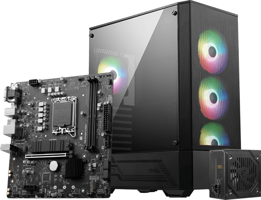 Gabinete gamer con panel lateral de vidrio templado y ventiladores RGB junto a la motherboard MSI PRO B760M-G DDR4 y una fuente de alimentación