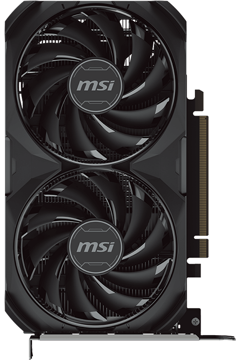 Placa de video MSI GeForce RTX™ 4060 VENTUS 2X BLACK 8G OC de frente en orientación vertical, mostrando los ventiladores