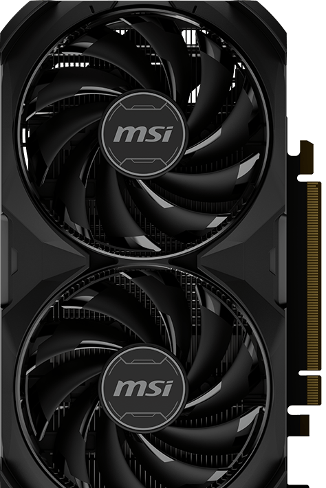 Placa de video MSI GeForce RTX™ 4060 Ti VENTUS 2X BLACK 8G OC de frente en orientación vertical, mostrando los ventiladores