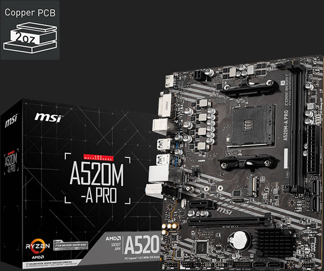 Motherboard MSI A520M-A PRO & Box - Hero Image