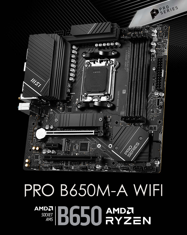 Motherboard MSI PRO B650M-A WIFI & Box - Hero Image