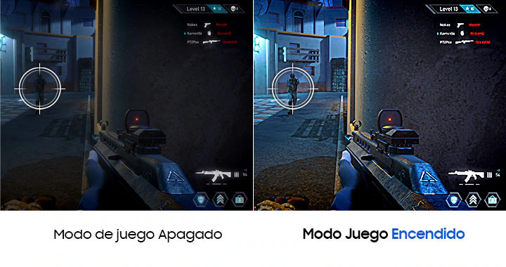A la izquierda, cuando el modo Juego está desactivado, la pantalla se ve más oscura y es difícil encontrar el objetivo. Por otro lado, cuando el modo Juego está activado, el contraste de la pantalla se ajusta, y por lo tanto es más fácil encontrar el objetivo.