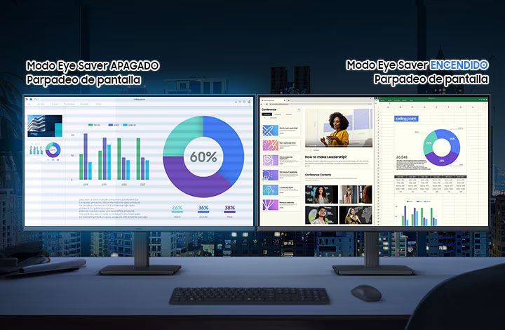Comparación entre dos monitores en un escritorio nocturno con vista a la ciudad, mostrando la diferencia entre el Modo Eye Saver apagado con parpadeo visible y el Modo Eye Saver encendido con imagen estable