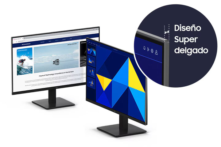 Hay dos Essential Monitor S3 mostrando contenido multimedia y gráficos, y se destaca su diseño súper delgado.