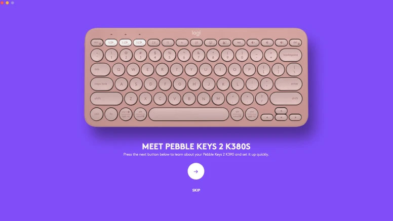Una pantalla de bienvenida que muestra el teclado Logitech Pebble Keys 2 K380s rosado y dice Conocé Pebble Keys 2 K380s.