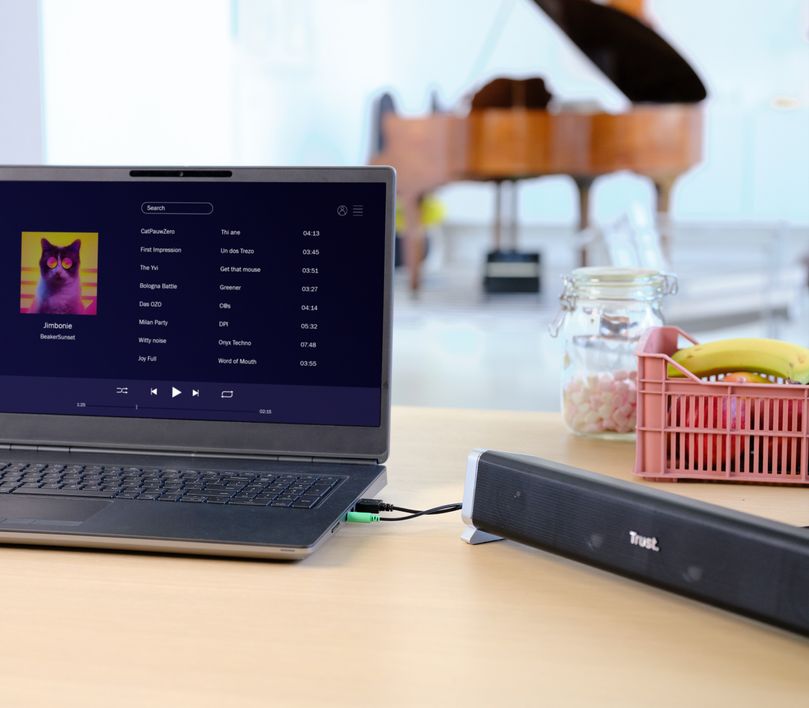 Laptop sobre una mesa mostrando una pantalla de reproducción de música con una lista de canciones y la imagen de un gato colorido en la portada del álbum, junto a una Barra de sonido para PC y TV Trust Asto y objetos desenfocados al fondo.
