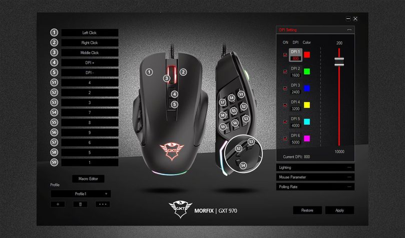 Mouse para gaming personalizable Trust GXT 970 Morfix con múltiples botones programables y luces LED de colores ajustables, mostrado desde diferentes ángulos junto a su interfaz de software para personalización.