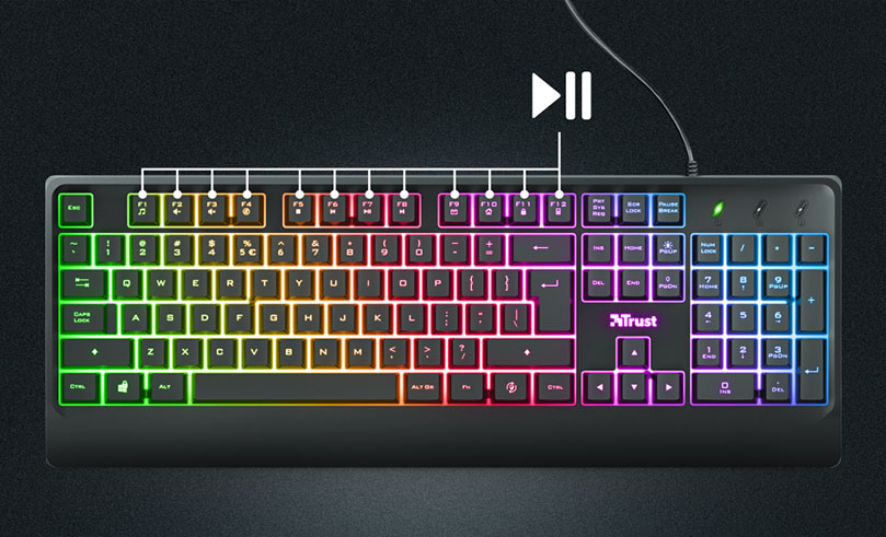 Teclado Trust Ziva con retroiluminación RGB. Las teclas están iluminadas con diferentes colores: verde, amarillo, rojo, rosa y azul. Las teclas de función (F1 a F12) tienen iconos adicionales para controlar funciones multimedia como reproducir/pausar, detener, retroceder y avanzar.