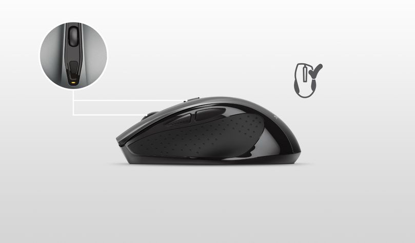 Imagen de un Mouse inalámbrico ergonómico Trust Nito de color negro, vista lateral y superior, sobre un fondo neutro. Destaca por su diseño ergonómico con superficie texturizada y botones adicionales para una navegación optimizada.