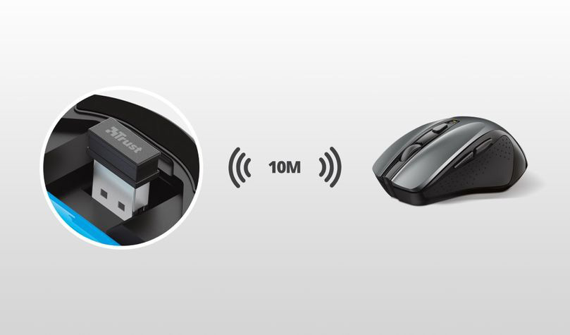 Un Mouse inalámbrico ergonómico Trust Nito y su receptor USB se encuentran en la imagen. El ícono de señal indica una distancia de conexión de 10 metros entre ambos dispositivos.