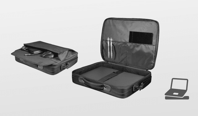 Bolso Trust Atlanta abierto con compartimentos internos para notebook y accesorios