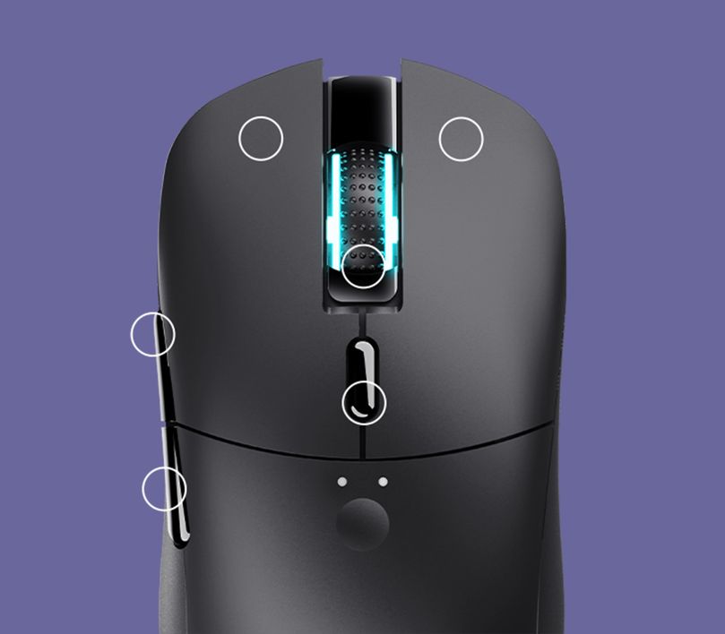 La imagen muestra un Mouse gaming inalámbrico recargable Trust GXT 980 Redex visto desde arriba. Tiene una rueda de desplazamiento iluminada y se detallan los 6 botones con circulos blancos. El fondo es de color violeta.