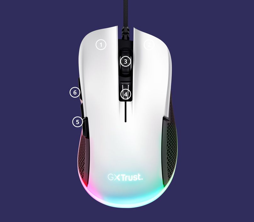 Vista superior del Mouse gaming Trust GXT 922W Ybar de color blanco con iluminación RGB, seis botones programables.