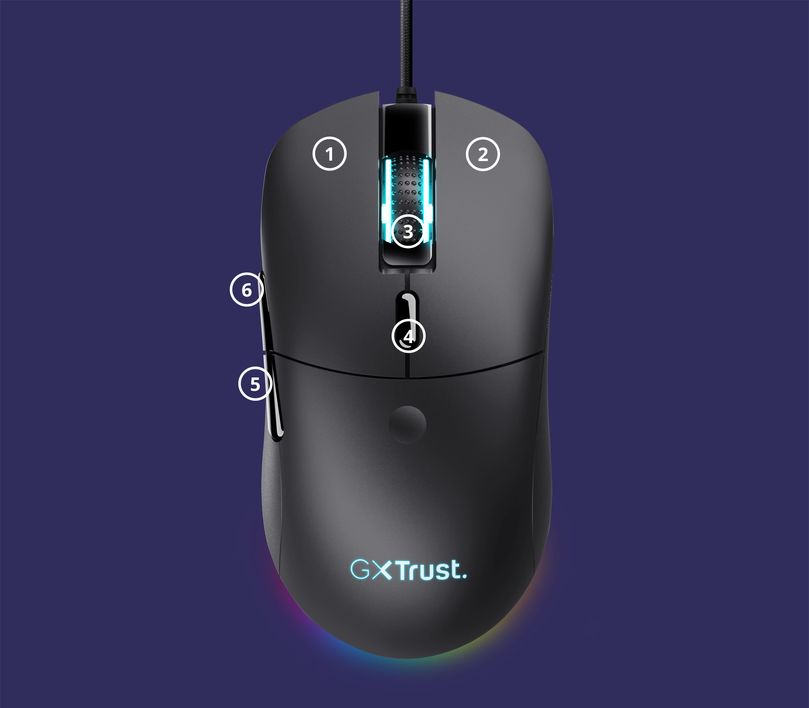 Mouse gaming ligero Trust GXT 981 Redex con cable visto desde arriba. Tiene una rueda de desplazamiento iluminada y se detallan los 6 botones con circulos blancos. El fondo es de color violeta.
